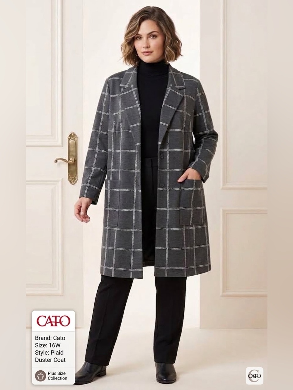 CATO Charcoal Grid Windowpane 2 Button Duster Blazer Jacket Size 18W/20W NWOT